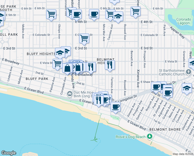 map of restaurants, bars, coffee shops, grocery stores, and more near 210 Euclid Avenue in Long Beach
