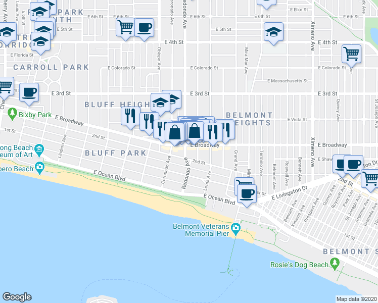 map of restaurants, bars, coffee shops, grocery stores, and more near in Long Beach