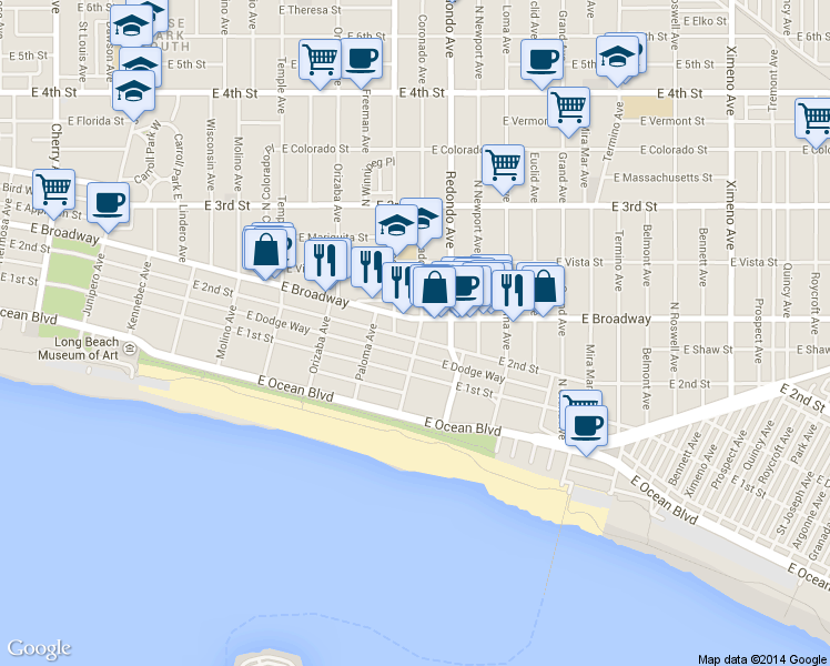 map of restaurants, bars, coffee shops, grocery stores, and more near 3300 2nd Street in Long Beach