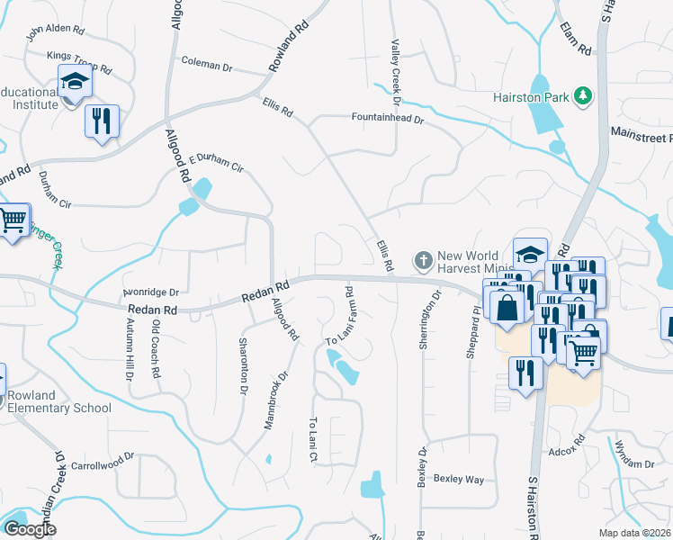 map of restaurants, bars, coffee shops, grocery stores, and more near 943 Oakwood Chase Circle in Stone Mountain