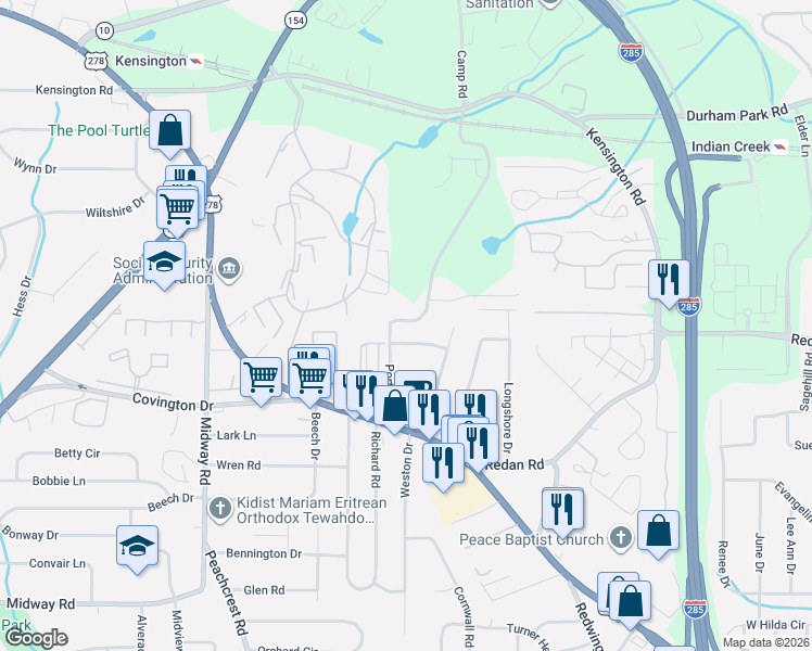 map of restaurants, bars, coffee shops, grocery stores, and more near 3588 Dove Valley Way in Decatur