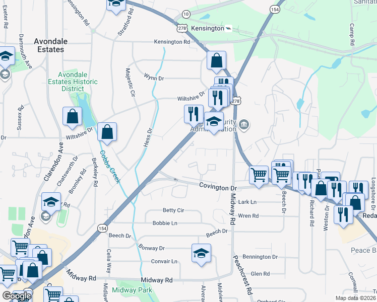 map of restaurants, bars, coffee shops, grocery stores, and more near 1064 North Village Drive in Decatur