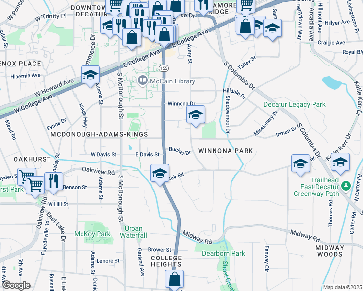 map of restaurants, bars, coffee shops, grocery stores, and more near 136 Bucher Drive in Decatur