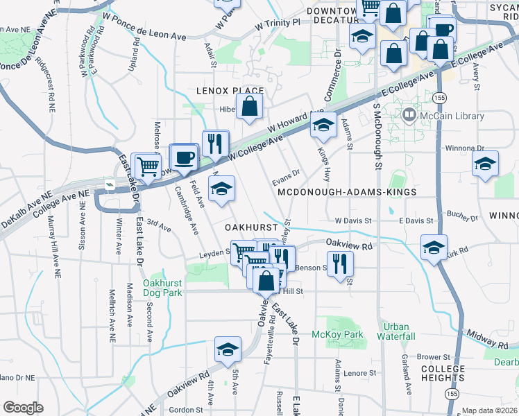 map of restaurants, bars, coffee shops, grocery stores, and more near 255 Jefferson Place in Decatur