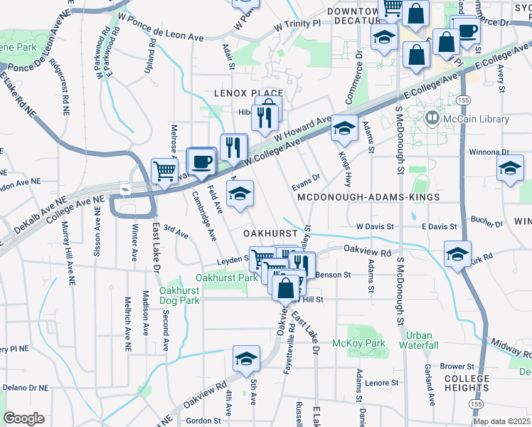 map of restaurants, bars, coffee shops, grocery stores, and more near 205 Olympic Place in Decatur