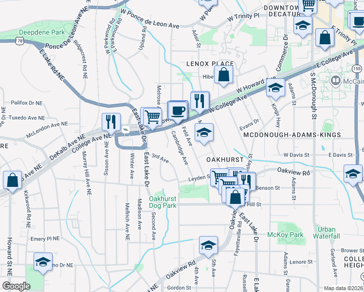 map of restaurants, bars, coffee shops, grocery stores, and more near 208 Cambridge Avenue in Decatur