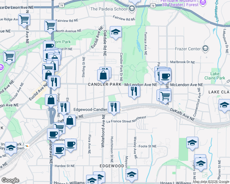 map of restaurants, bars, coffee shops, grocery stores, and more near 1429 Iverson Street Northeast in Atlanta
