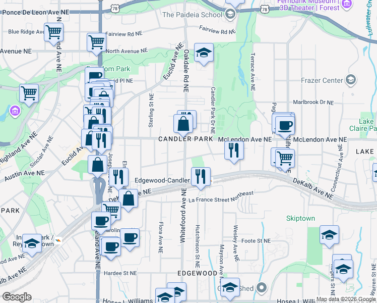 map of restaurants, bars, coffee shops, grocery stores, and more near 353 Oakdale Road Northeast in Atlanta