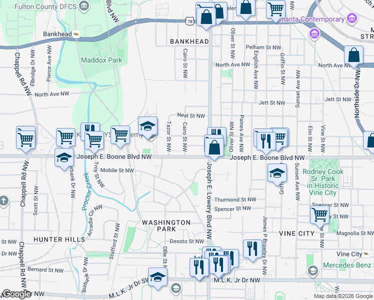 map of restaurants, bars, coffee shops, grocery stores, and more near in Atlanta