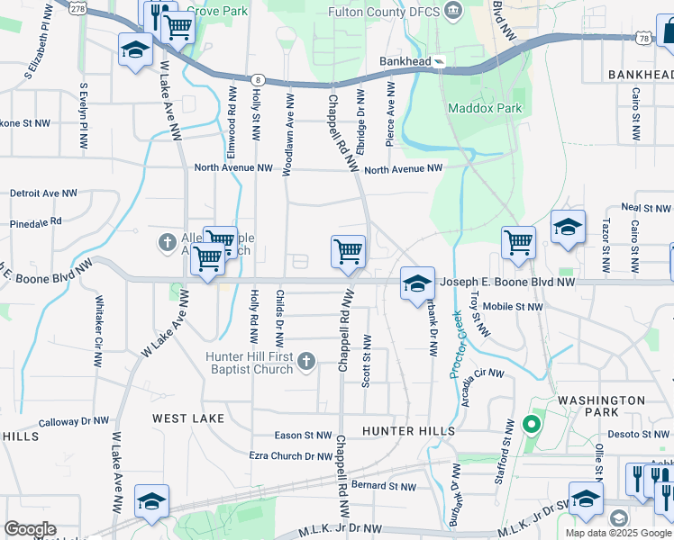 map of restaurants, bars, coffee shops, grocery stores, and more near 6361 Simpson Road Northwest in Atlanta