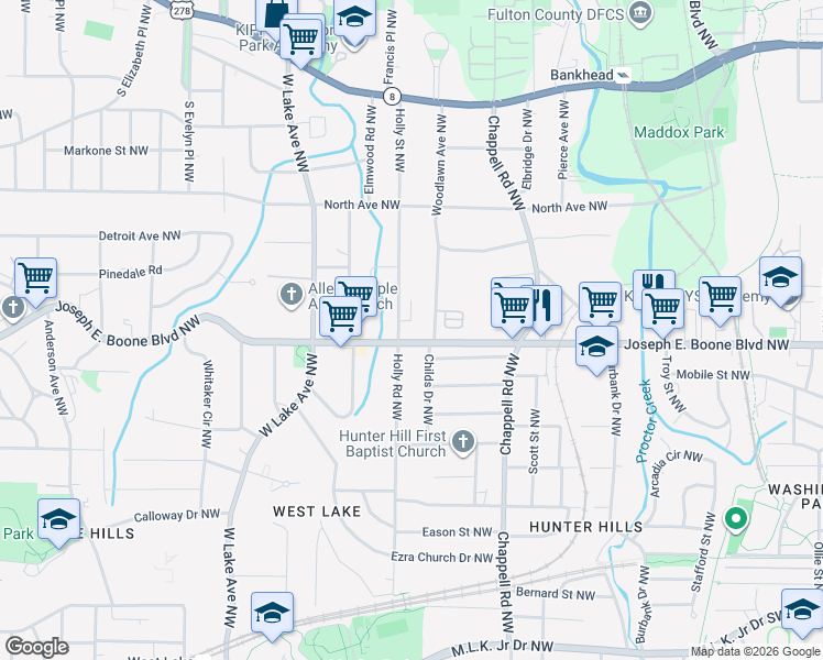 map of restaurants, bars, coffee shops, grocery stores, and more near 80 Joseph E. Boone Boulevard Northwest in Atlanta