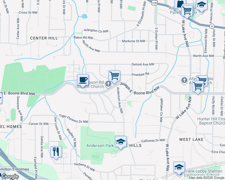 map of restaurants, bars, coffee shops, grocery stores, and more near 306 Anderson Avenue Northwest in Atlanta