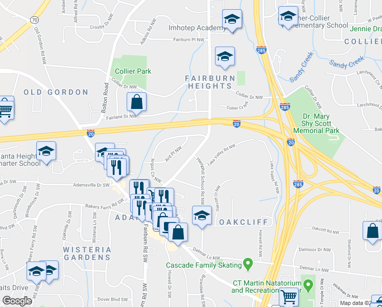 map of restaurants, bars, coffee shops, grocery stores, and more near 304 Hemphill School Road Northwest in Atlanta