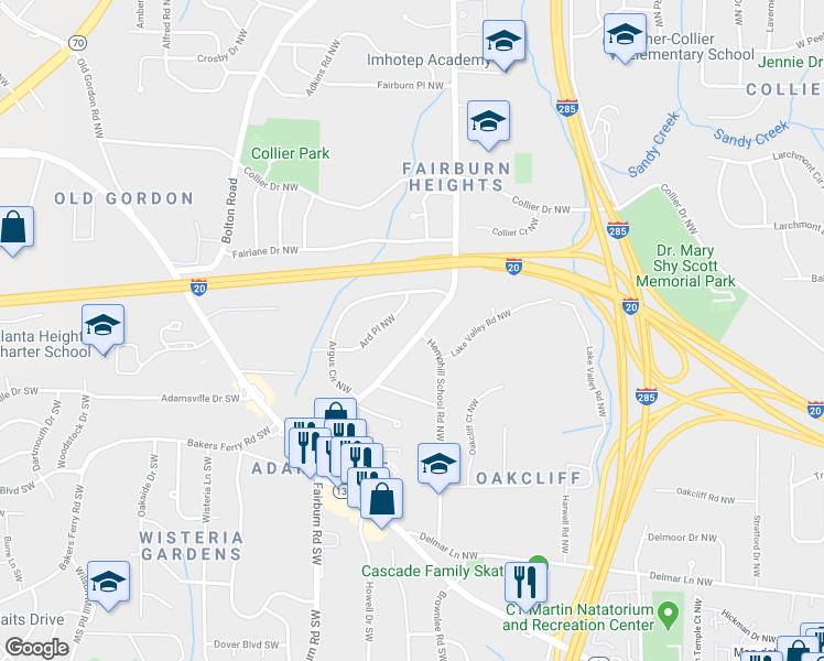map of restaurants, bars, coffee shops, grocery stores, and more near 290 Fairburn Road Northwest in Atlanta