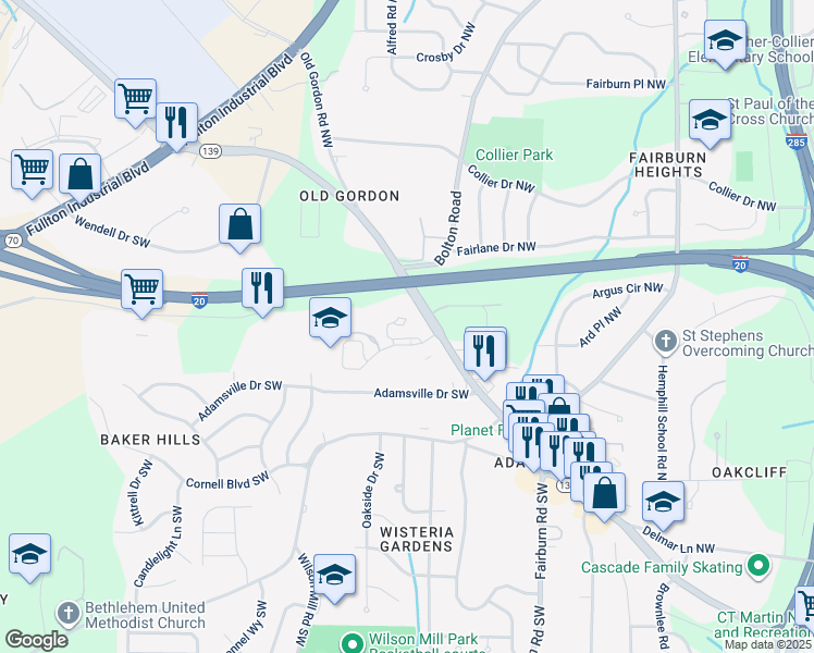 map of restaurants, bars, coffee shops, grocery stores, and more near 3706 Martin Luther King Junior Drive Southwest in Atlanta