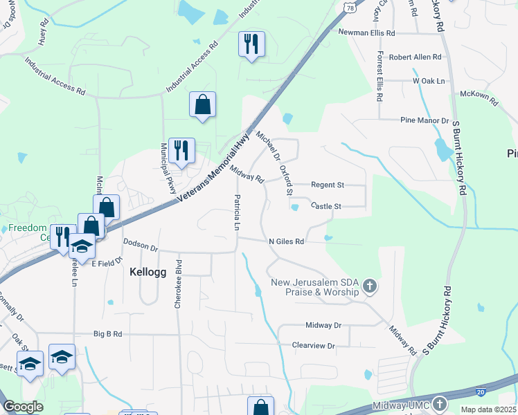 map of restaurants, bars, coffee shops, grocery stores, and more near 4381 Midway Road in Douglasville