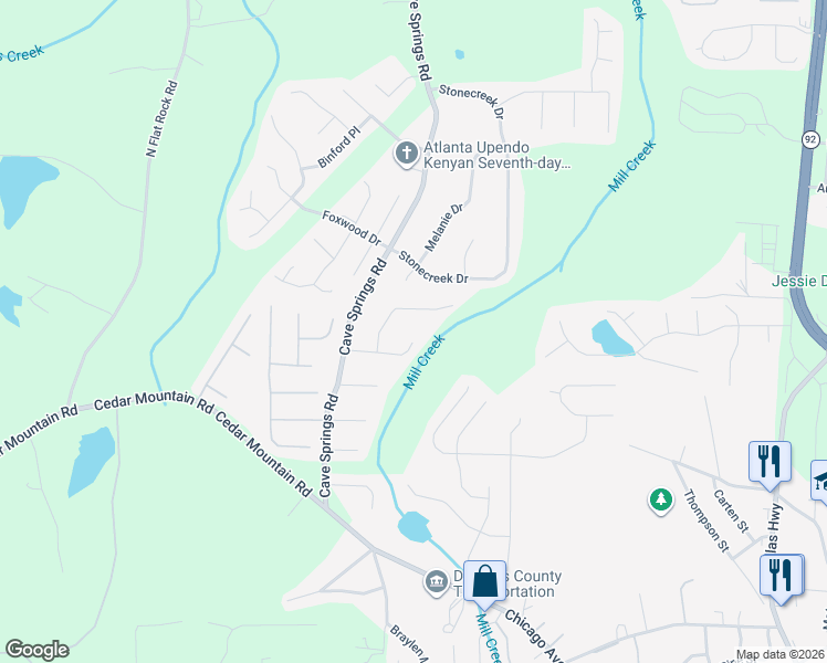 map of restaurants, bars, coffee shops, grocery stores, and more near 7200 Woodcreek Way in Douglasville