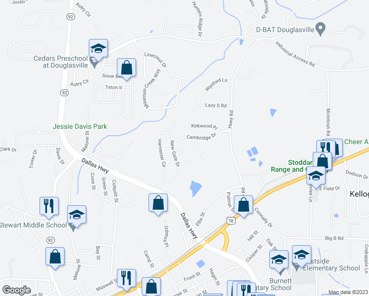 map of restaurants, bars, coffee shops, grocery stores, and more near 7866 Varden Court in Douglasville