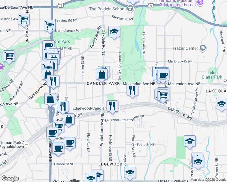 map of restaurants, bars, coffee shops, grocery stores, and more near 1429 Iverson Street Northeast in Atlanta