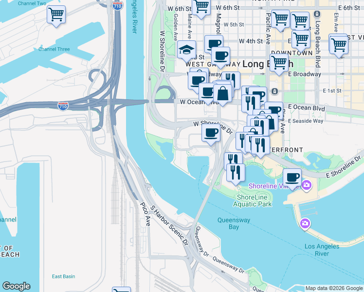 map of restaurants, bars, coffee shops, grocery stores, and more near 401 Golden Shore Street in Long Beach