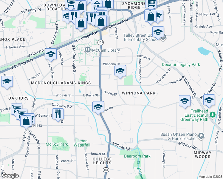 map of restaurants, bars, coffee shops, grocery stores, and more near 144 Bucher Drive in Decatur