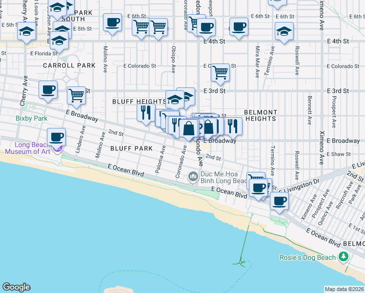 map of restaurants, bars, coffee shops, grocery stores, and more near 3300 2nd Street in Long Beach