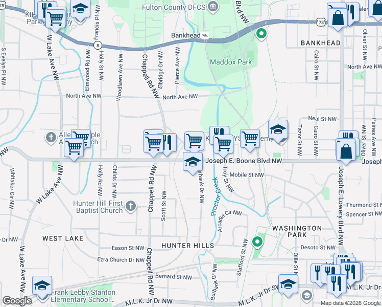 map of restaurants, bars, coffee shops, grocery stores, and more near 1300 Mayson Turner Road Northwest in Atlanta