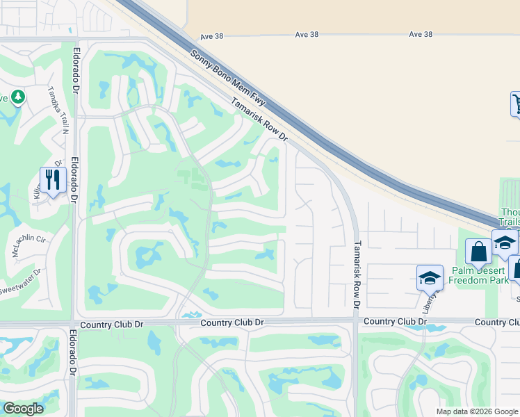 map of restaurants, bars, coffee shops, grocery stores, and more near 76659 Begonia Lane in Palm Desert