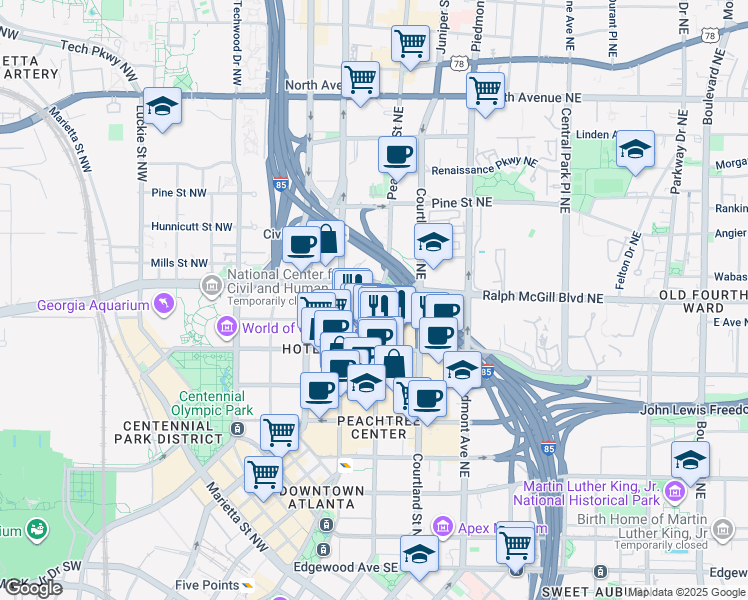 map of restaurants, bars, coffee shops, grocery stores, and more near 343 Peachtree Street Northeast in Atlanta