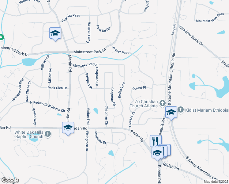map of restaurants, bars, coffee shops, grocery stores, and more near 855 Chapman Circle in Stone Mountain