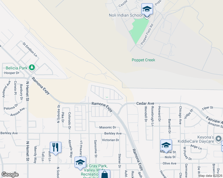 map of restaurants, bars, coffee shops, grocery stores, and more near Mountain Avenue in Hemet