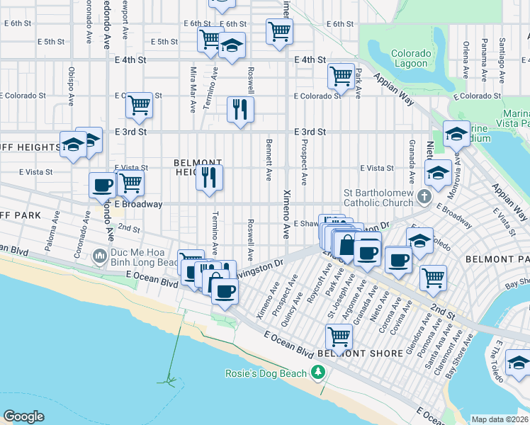 map of restaurants, bars, coffee shops, grocery stores, and more near 223 Bennett Avenue in Long Beach