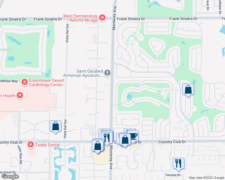 map of restaurants, bars, coffee shops, grocery stores, and more near 39026 Monterey Avenue in Palm Desert