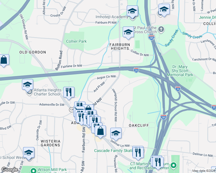 map of restaurants, bars, coffee shops, grocery stores, and more near 290 Fairburn Road Northwest in Atlanta