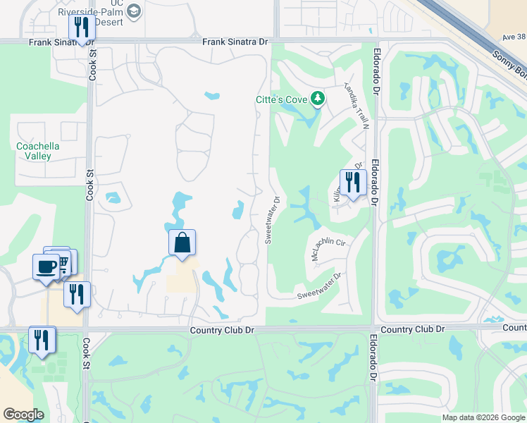 map of restaurants, bars, coffee shops, grocery stores, and more near 218 Desert Falls Drive East in Palm Desert
