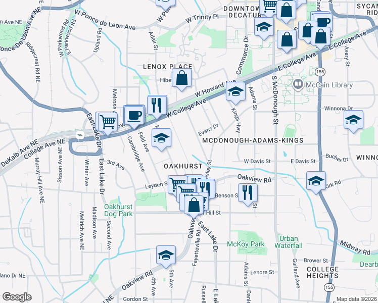 map of restaurants, bars, coffee shops, grocery stores, and more near 255 Jefferson Place in Decatur