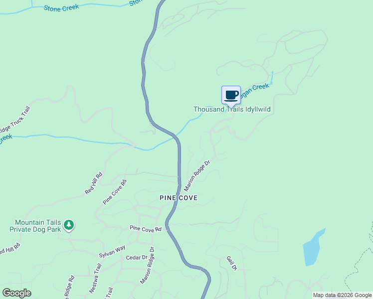 map of restaurants, bars, coffee shops, grocery stores, and more near 24655 Logan Creek Road in Idyllwild-Pine Cove