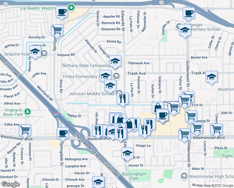map of restaurants, bars, coffee shops, grocery stores, and more near 13603 Edwards Street in Westminster