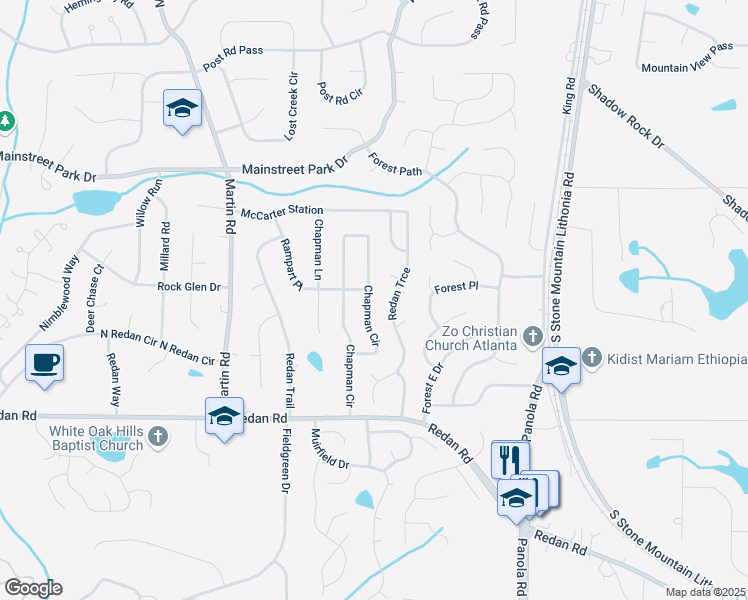 map of restaurants, bars, coffee shops, grocery stores, and more near 855 Chapman Circle in Stone Mountain