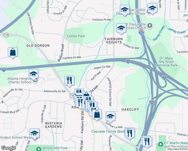 map of restaurants, bars, coffee shops, grocery stores, and more near 288 Ard Place Northwest in Atlanta