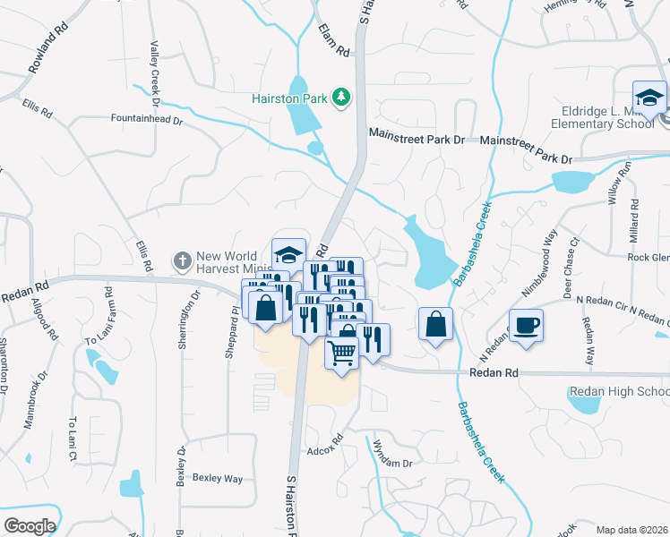 map of restaurants, bars, coffee shops, grocery stores, and more near 4873 Pinnacle Drive in Stone Mountain