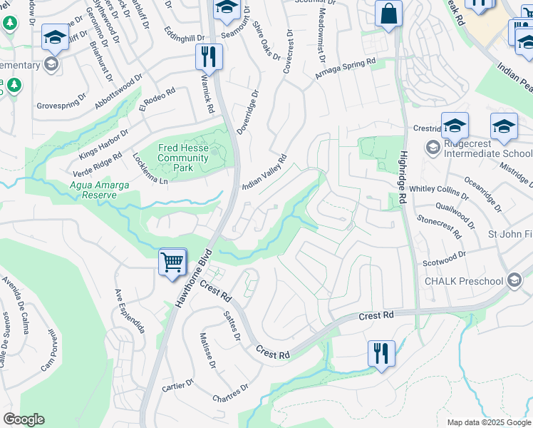 map of restaurants, bars, coffee shops, grocery stores, and more near Peartree Lane in Rolling Hills Estates