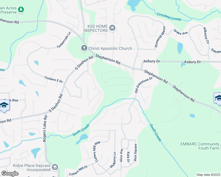 map of restaurants, bars, coffee shops, grocery stores, and more near 7115 Brushwood Bend in Lithonia