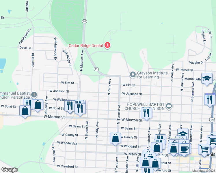 map of restaurants, bars, coffee shops, grocery stores, and more near 1131 West Johnson Street in Denison