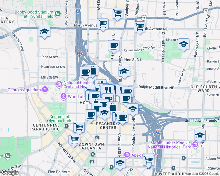 map of restaurants, bars, coffee shops, grocery stores, and more near 355 Peachtree Center Avenue Northeast in Atlanta