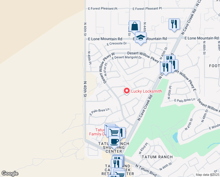 map of restaurants, bars, coffee shops, grocery stores, and more near Desert Willow Parkway West in Cave Creek
