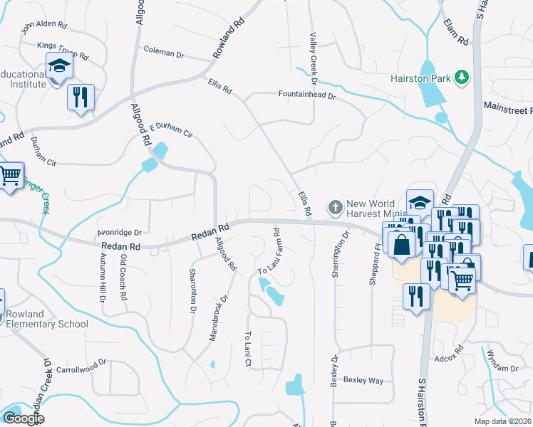 map of restaurants, bars, coffee shops, grocery stores, and more near 943 Oakwood Chase Circle in Stone Mountain