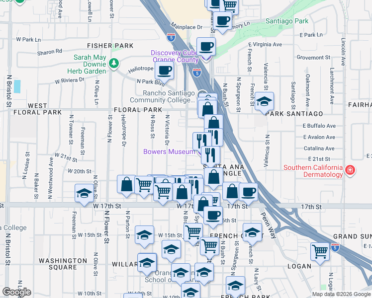 map of restaurants, bars, coffee shops, grocery stores, and more near North Broadway in Santa Ana