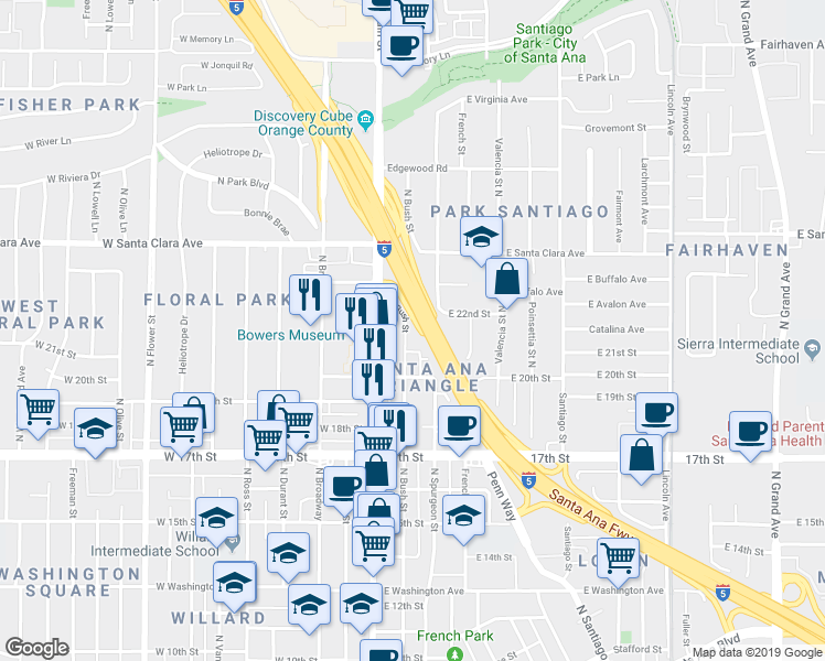 map of restaurants, bars, coffee shops, grocery stores, and more near 2053 North Bush Street in Santa Ana