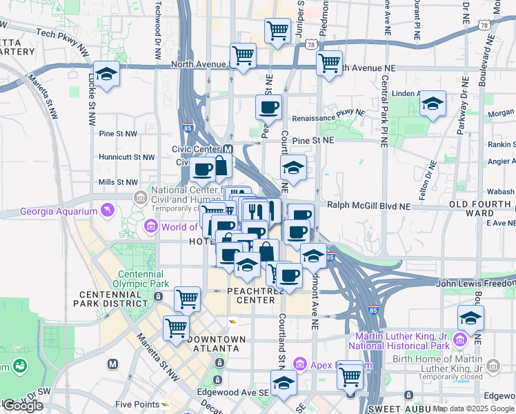 map of restaurants, bars, coffee shops, grocery stores, and more near 355 Peachtree Center Avenue Northeast in Atlanta